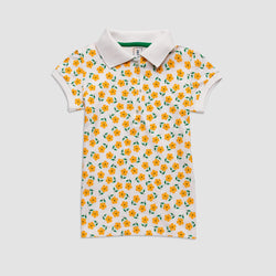 Cotton Mesh Stem Flower Print Short-Sleeved Polo Shirt