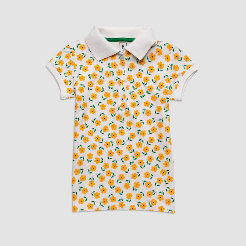 Cotton Mesh Stem Flower Print Short-Sleeved Polo Shirt