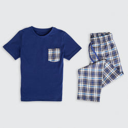 Cotton Jersey / Flannel Plain Fabric Short-Sleeved T-Shirt & Plaid Pants Set