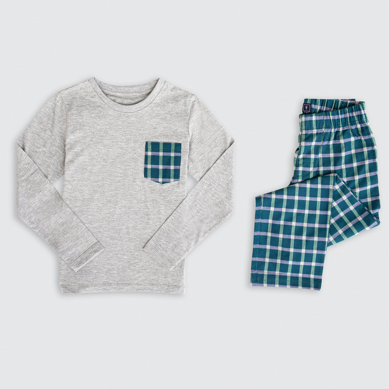 Cotton Jersey / Flannel Plain Fabric Long-Sleeved T-Shirt & Plaid Pants Set Pajama