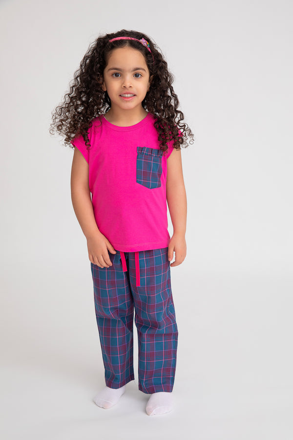 Cotton Jersey / Flannel Plain Fabric Short-Sleeved T-Shirt & Plaid Pants Set Pajama