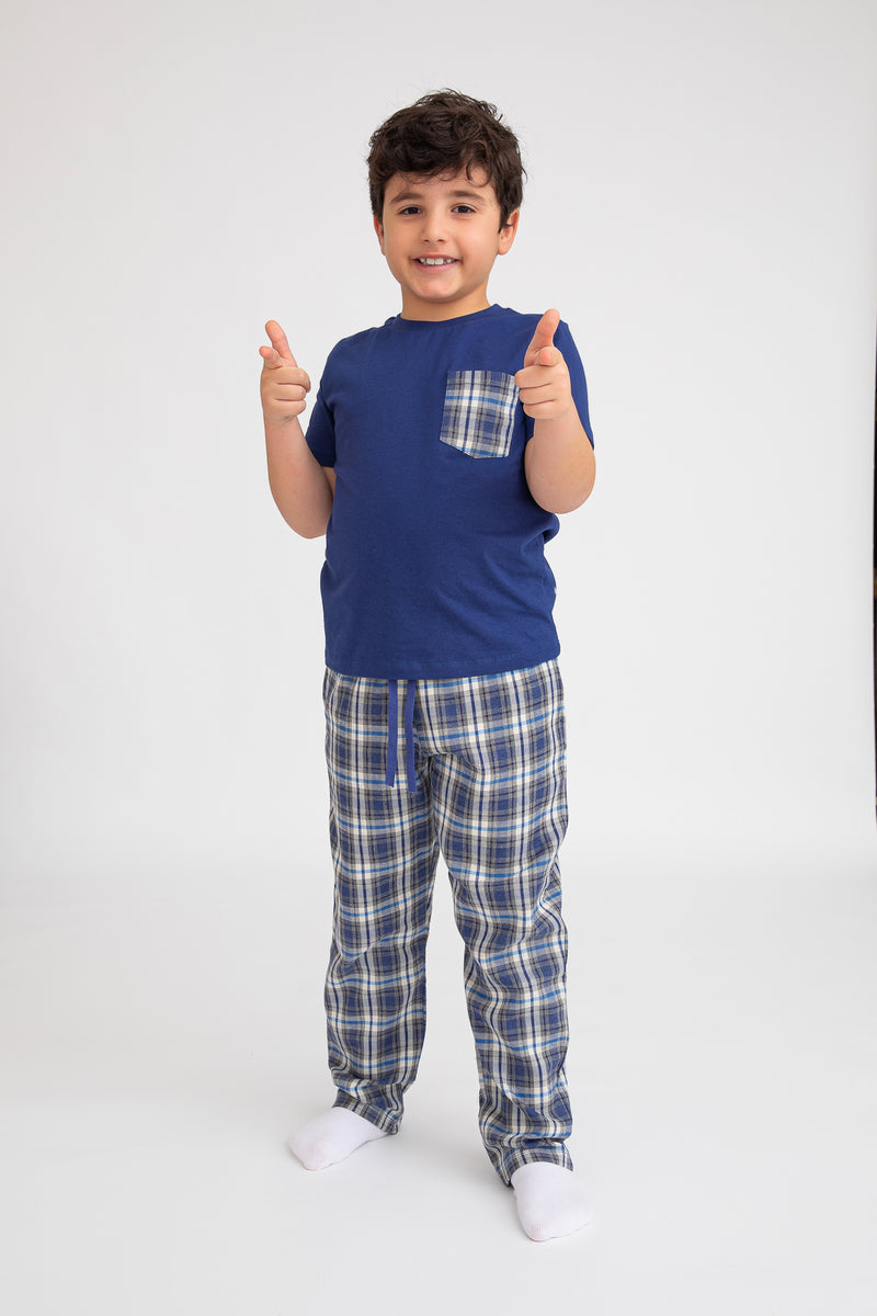 Cotton Jersey / Flannel Plain Fabric Short-Sleeved T-Shirt & Plaid Pants Set