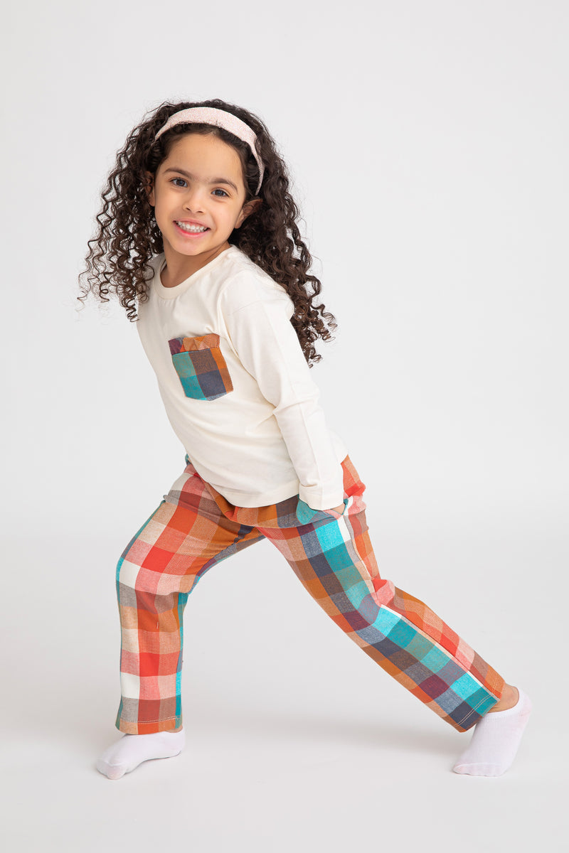 Cotton Jersey / Flannel Plain Fabric Long-Sleeved T-Shirt & Plaid Pants Set Pajama