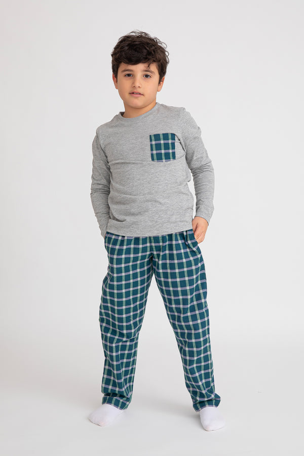 Cotton Jersey / Flannel Plain Fabric Long-Sleeved T-Shirt & Plaid Pants Set Pajama