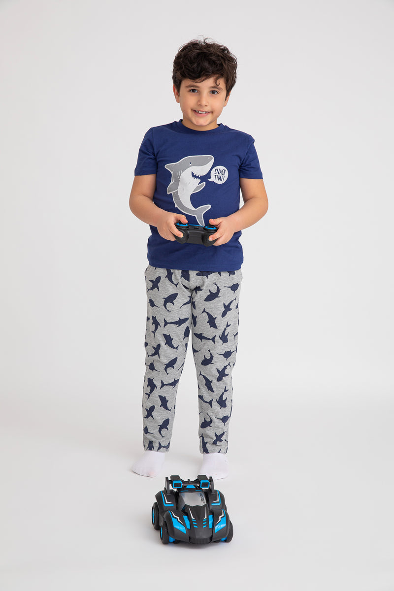 Cotton Jersey Shark Print Short-Sleeved T-Shirt & Pants Set Pajama