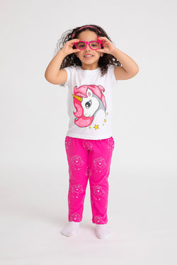 Cotton Jersey Unicorn Print Short-Sleeved T-Shirt & Pants Set