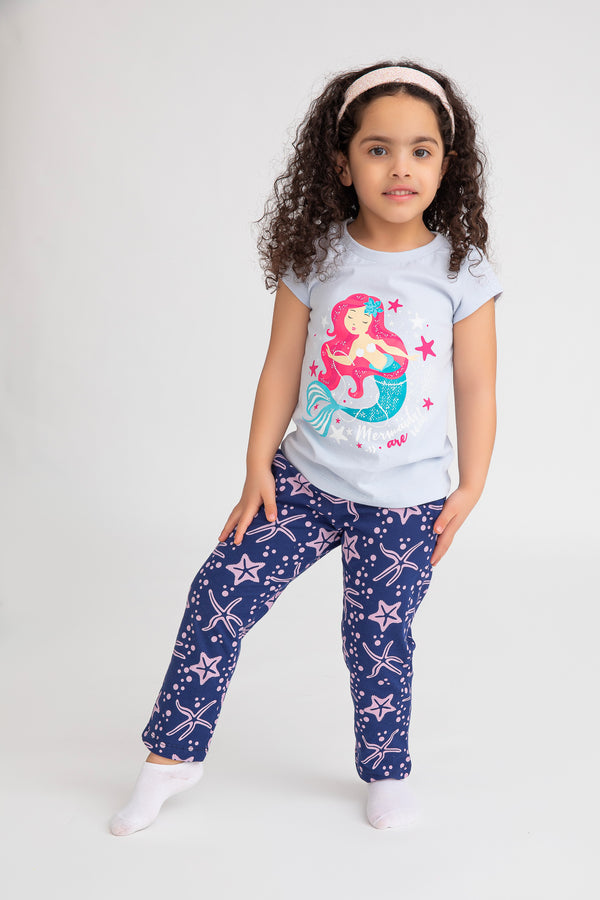 Cotton Jersey Mermaid Print Short-Sleeved T-Shirt & Pants Set Pajama