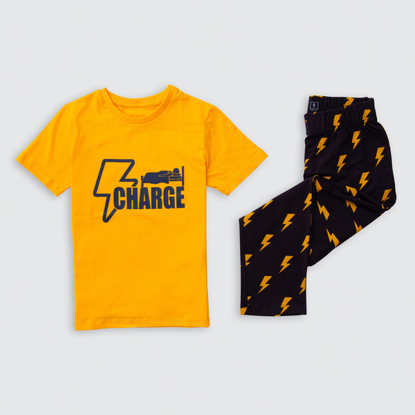 Cotton Jersey Charge Print Short-Sleeved T-Shirt & Pants Set Pajama