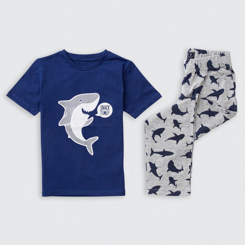 Cotton Jersey Shark Print Short-Sleeved T-Shirt & Pants Set Pajama