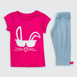 Cotton Jersey / Elastic Jersey Bunny Print Short Sleeve T-Shirt & Capri Leggings Set Pajama