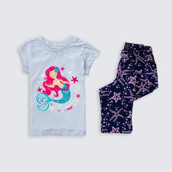 Cotton Jersey Mermaid Print Short-Sleeved T-Shirt & Pants Set Pajama