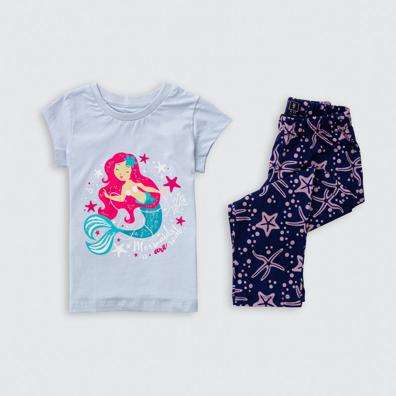 Cotton Jersey Mermaid Print Short-Sleeved T-Shirt & Pants Set Pajama