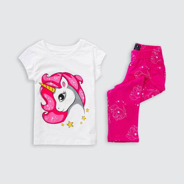 Cotton Jersey Unicorn Print Short-Sleeved T-Shirt & Pants Set