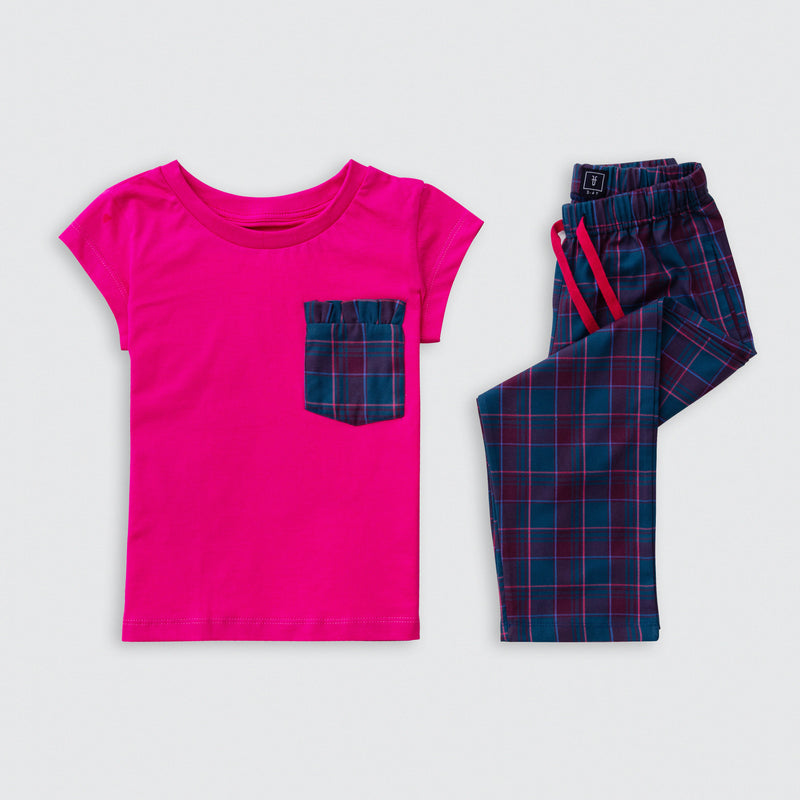 Cotton Jersey / Flannel Plain Fabric Short-Sleeved T-Shirt & Plaid Pants Set Pajama