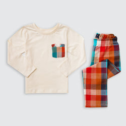 Cotton Jersey / Flannel Plain Fabric Long-Sleeved T-Shirt & Plaid Pants Set Pajama