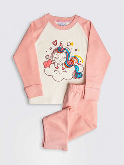 Light Brushed Cotton Unicorn Print Raglan Top & Straight Pants Set Pajama