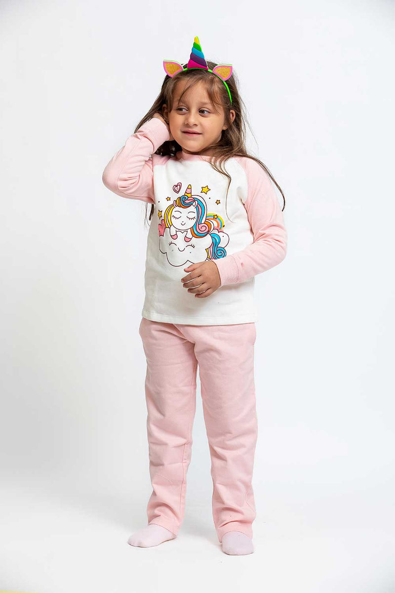 Light Brushed Cotton Unicorn Print Raglan Top & Straight Pants Set Pajama