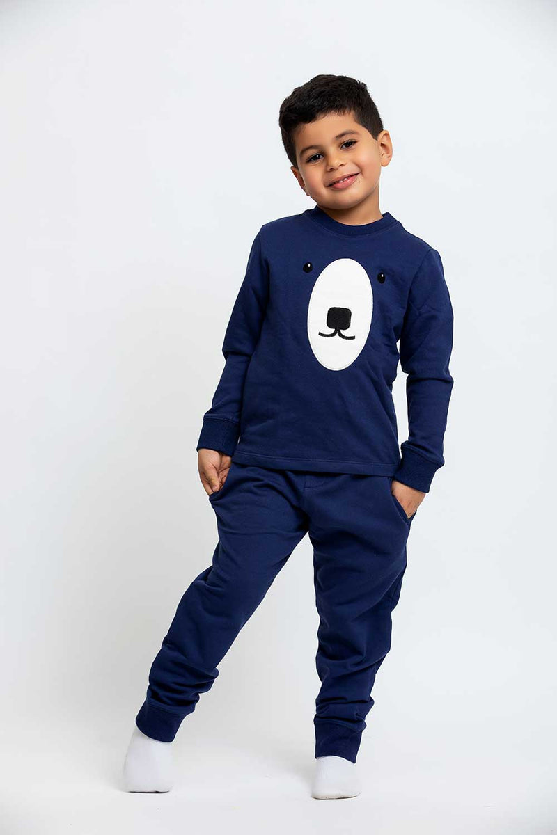 Light Brushed Cotton Bear Embroidery Crewneck Top & Cuffed Pants Set Pajama