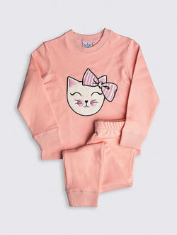 Light Brushed Cotton Cat Embroidery Crewneck Top & Cuffed Pants Set Pajama