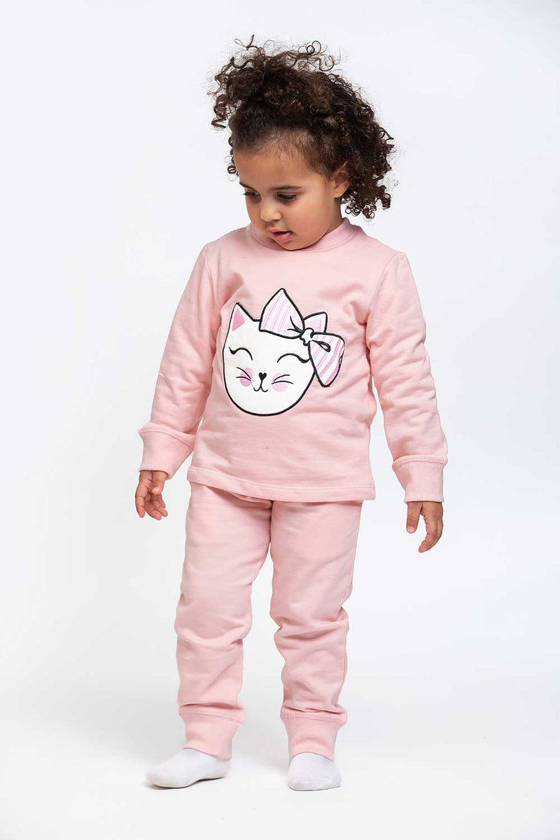 Light Brushed Cotton Cat Embroidery Crewneck Top & Cuffed Pants Set Pajama