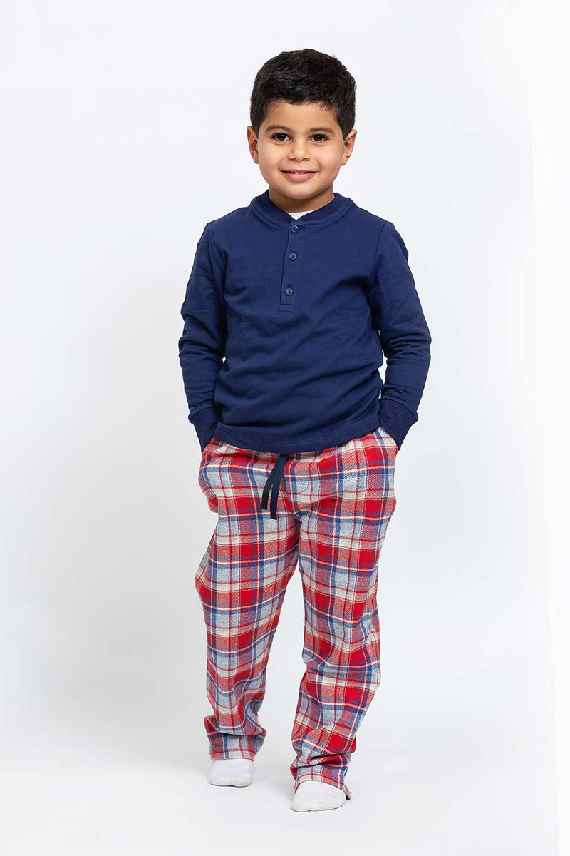 Light Brushed Cotton/ Cotton Flannel Plain Fabric Henley Top & St. Plaid Pants Set  Pajama