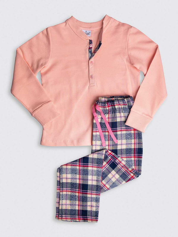 Light Brushed Cotton/ Cotton Flannel Plain Fabric Henley Top & St. Plaid Pants Set  Pajama