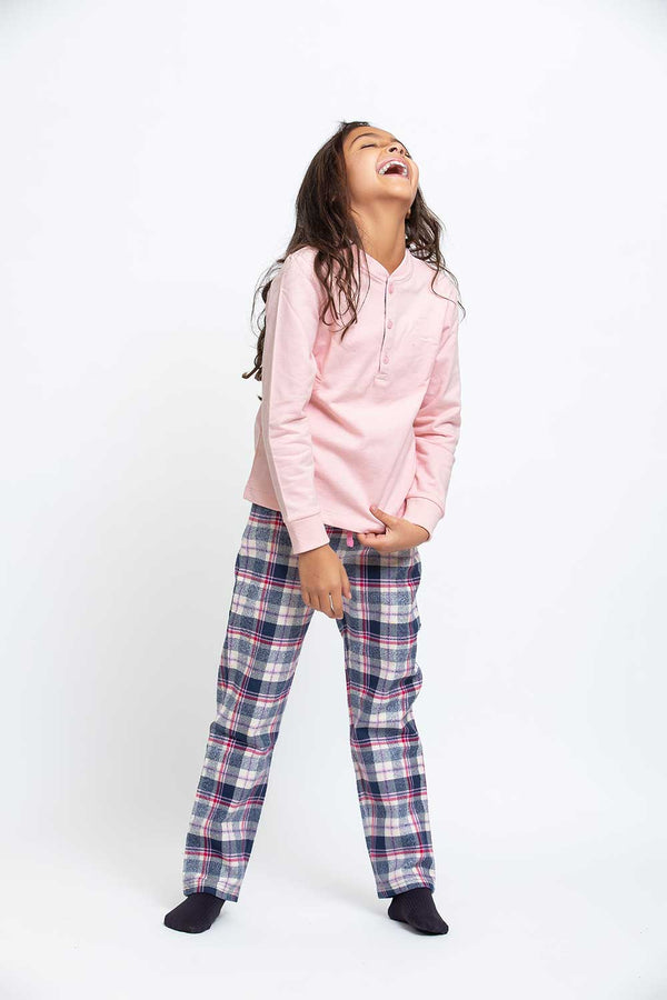 Light Brushed Cotton/ Cotton Flannel Plain Fabric Henley Top & St. Plaid Pants Set  Pajama