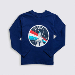 Cotton Jersey Space Shuttle Print Crewneck Long-Sleeved T-Shirt