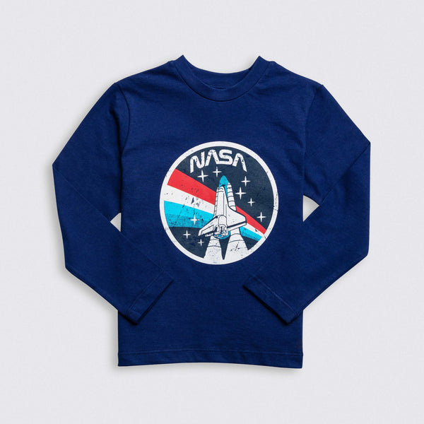 Cotton Jersey Space Shuttle Print Crewneck Long-Sleeved T-Shirt