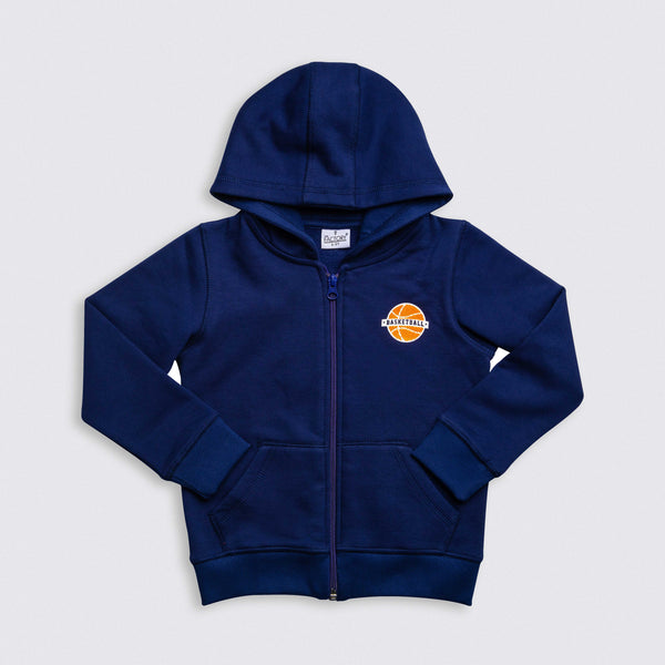 Heavy Brushed Cotton Basketball Rubber Print Hooded Full-Zip Sweatshirt