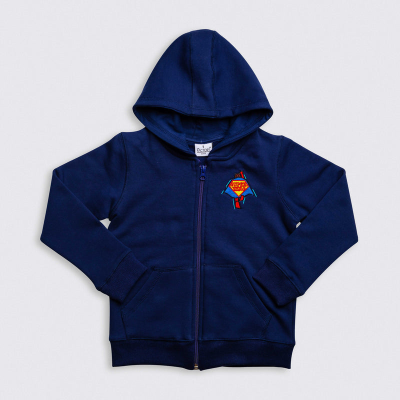 Heavy Brushed Cotton Super Hero Embroidery Hooded Full-Zip Sweatshirt