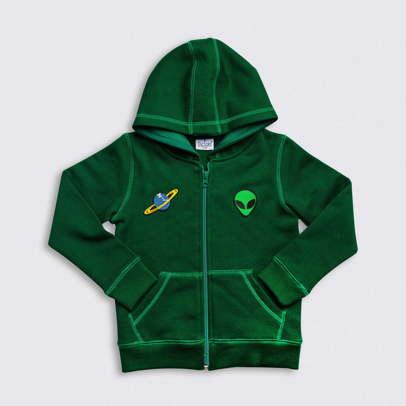 Heavy Brushed Cotton Alien & Planet Badge Hooded Full-Zip Sweatshirt