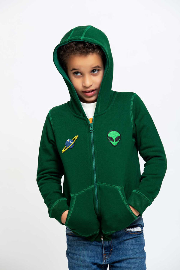 Heavy Brushed Cotton Alien & Planet Badge Hooded Full-Zip Sweatshirt