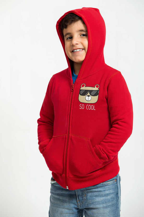 Heavy Brushed Cotton Cool Bear Print Hooded Full-Zip Sweatshirt