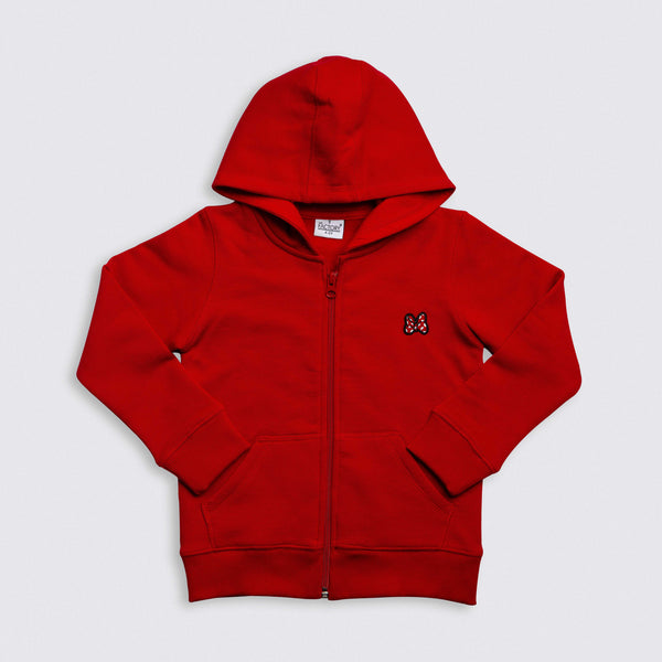 Heavy Brushed Cotton Red Bow Badge Hooded Full-Zip Sweatshirt