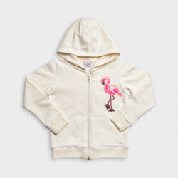 Heavy Brushed Cotton Flamingo Sequin Hooded Full-Zip Sweatshirt