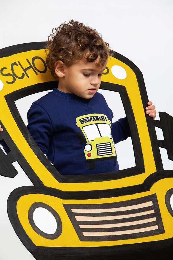 Heavy Brushed Cotton School Bus Flock Print Crewneck Sweatshirt