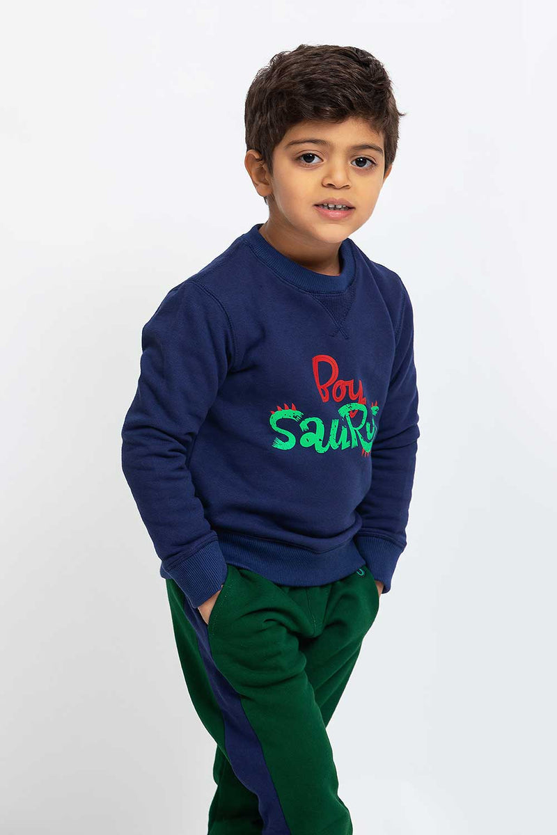 Heavy Brushed Cotton Boy Saures Print Crewneck Sweatshirt