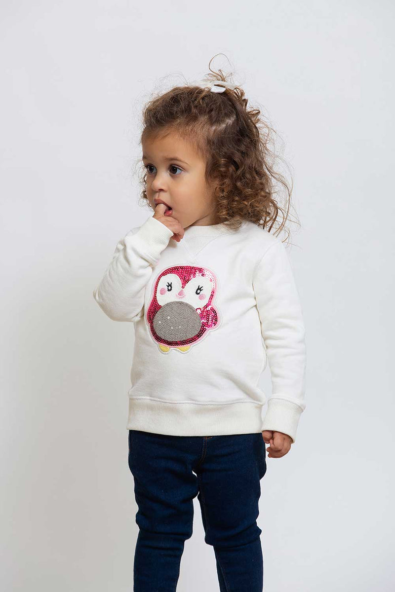 Heavy Brushed Cotton Pink Penguin Sequin Crewneck Sweatshirt