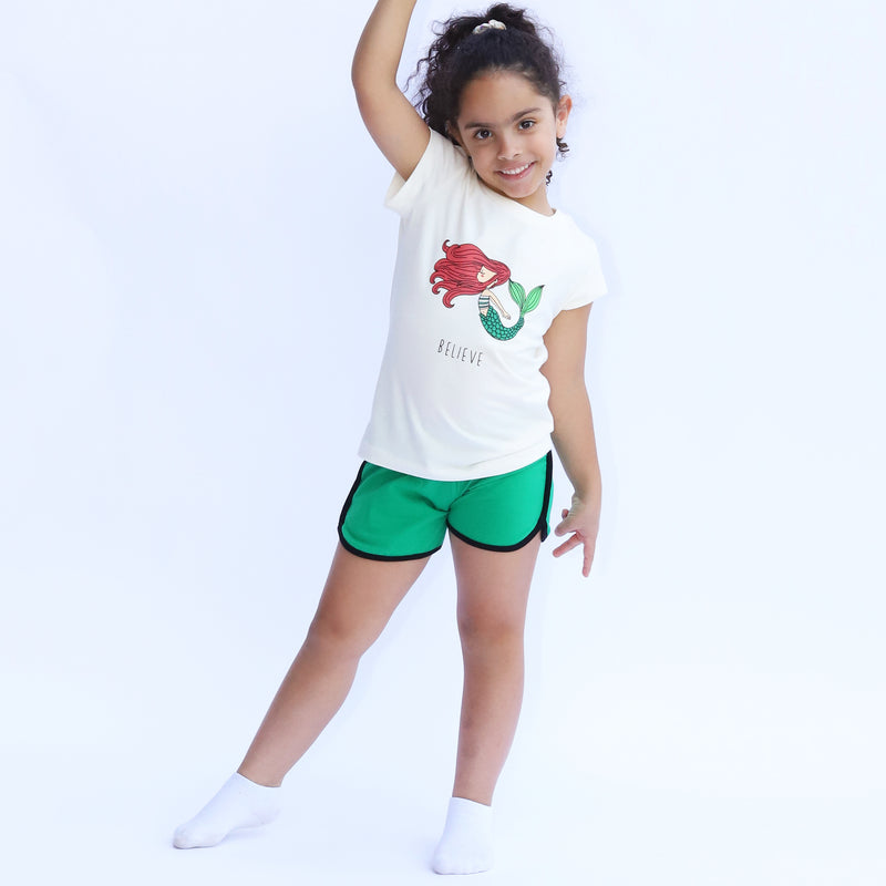 Cotton Jersey Mermaid Believe Print Short-Sleeved T-Shirt, Shorts & Pants Set Pajama