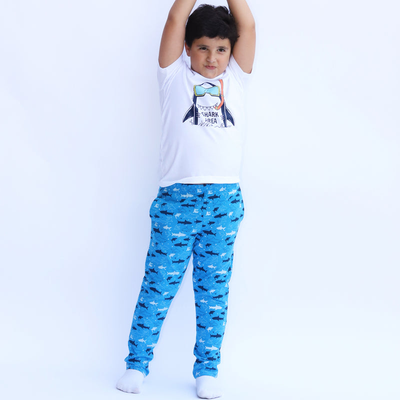 Cotton Jersey Shark Area Print Short-Sleeved T-Shirt, Shorts & Pants Set Pajama