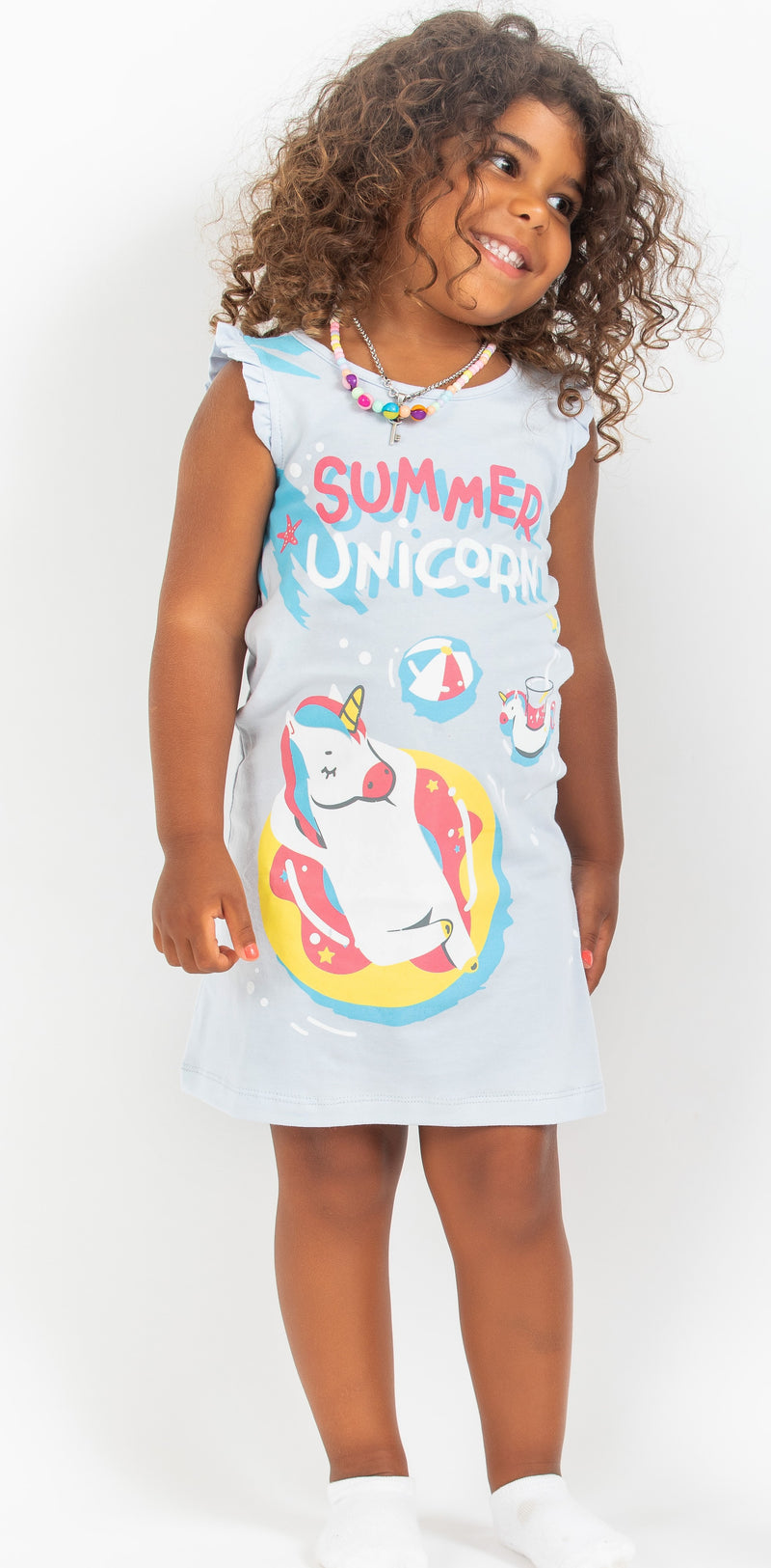 Cotton Jersey Unicorns Pool Print Ruffle-Sleeved Gown Pajama