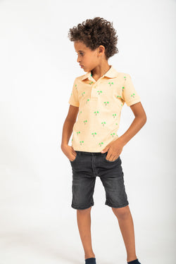 Cotton Mesh Tiny Palms Print Short-Sleeved Polo Shirt