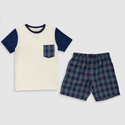 Cotton Jersey Contrasting Plaid Short-Sleeved T-Shirt & Shorts Set Pajama