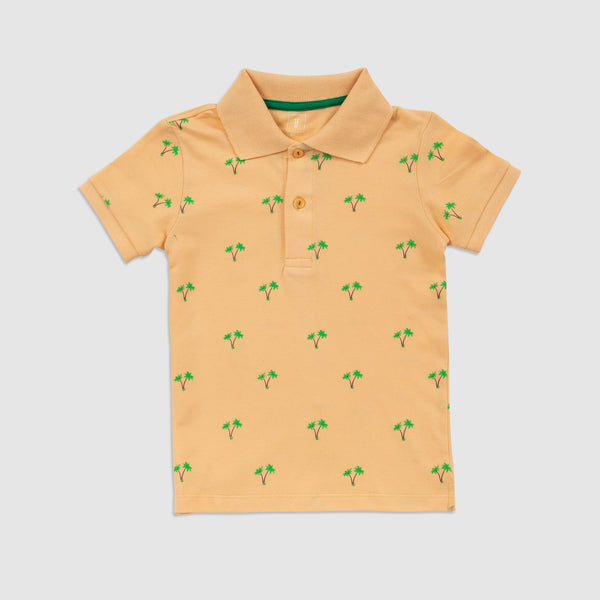 Cotton Mesh Tiny Palms Print Short-Sleeved Polo Shirt