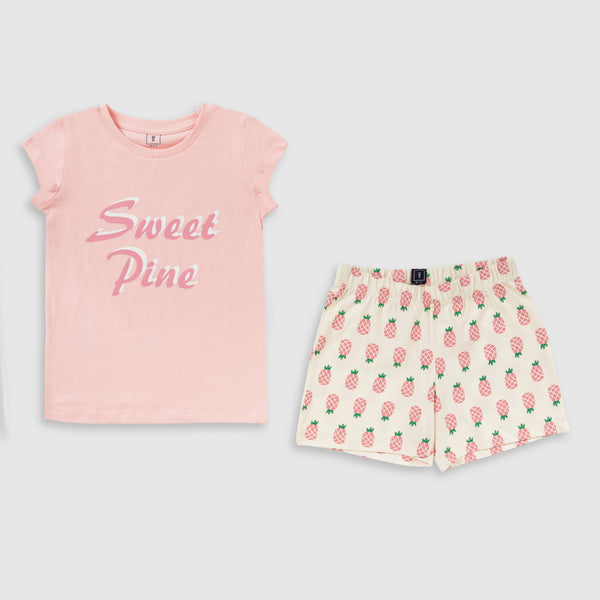 Cotton Jersey Sweet Pine Print Short-Sleeved T-Shirt & Shorts Set Pajama