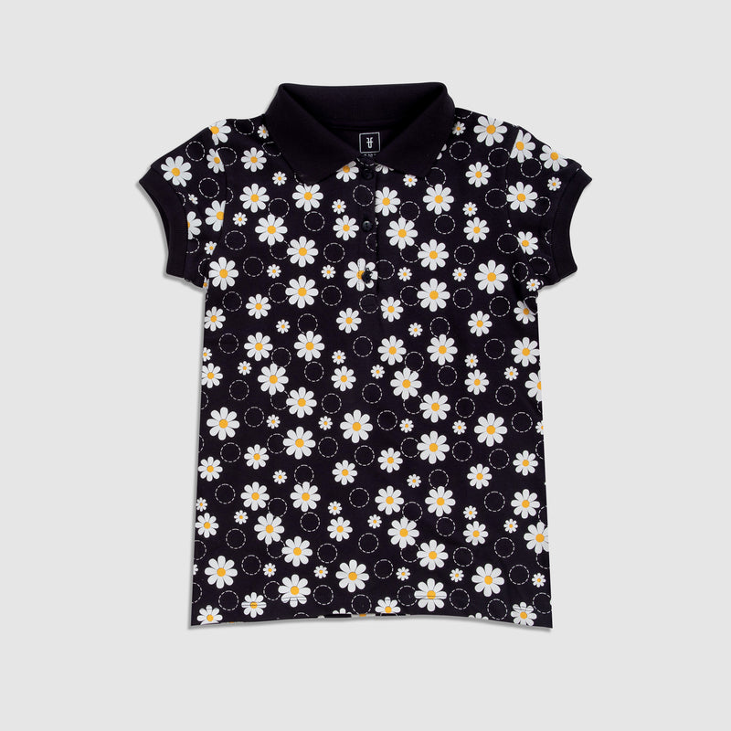 Cotton Mesh Sunflower Print Short-Sleeved Polo Shirt