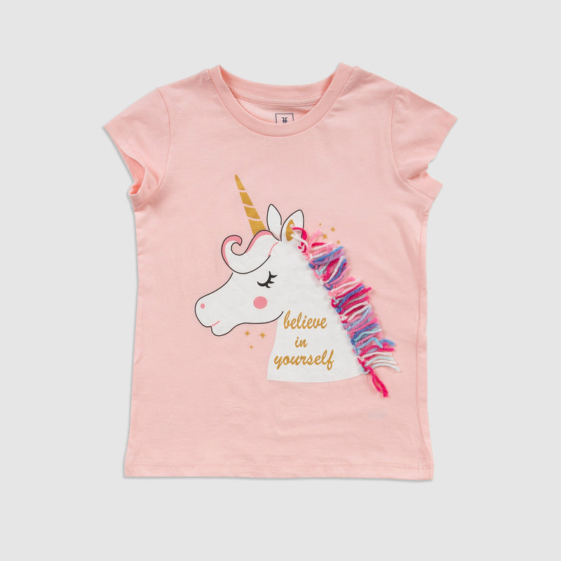 Cotton Jersey Threaded Unicorn Print Short-Sleeved T-Shirt