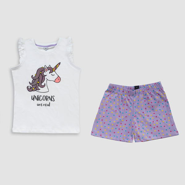 Cotton Jersey Glitter Unicorn Print Ruffle-Sleeved T-Shirt & Shorts Set Pajama