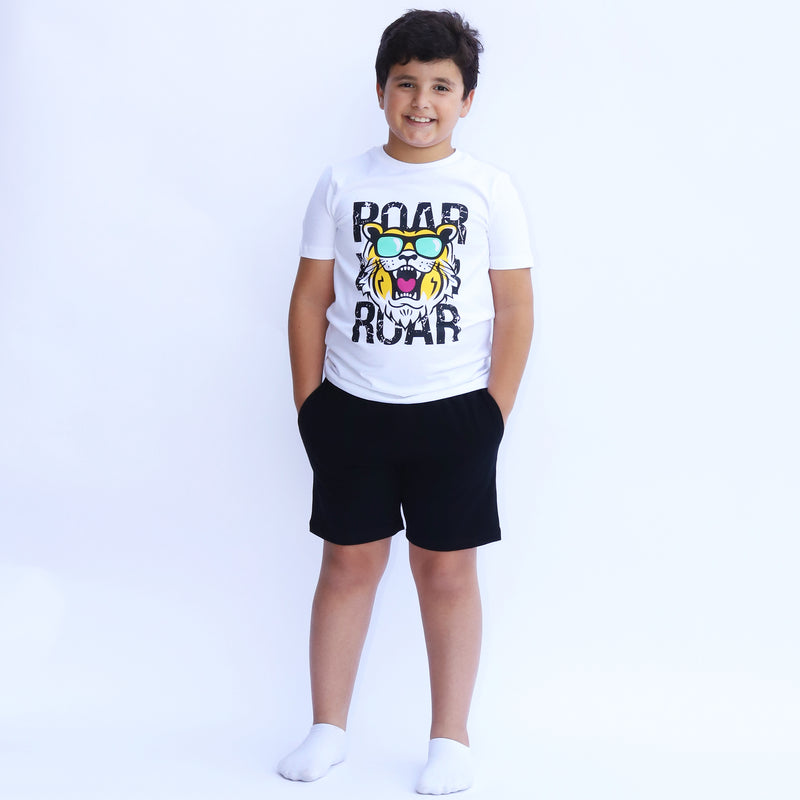 Cotton Jersey Tiger Roar Print Short-Sleeved T-Shirt, Shorts & Pants Set Pajama